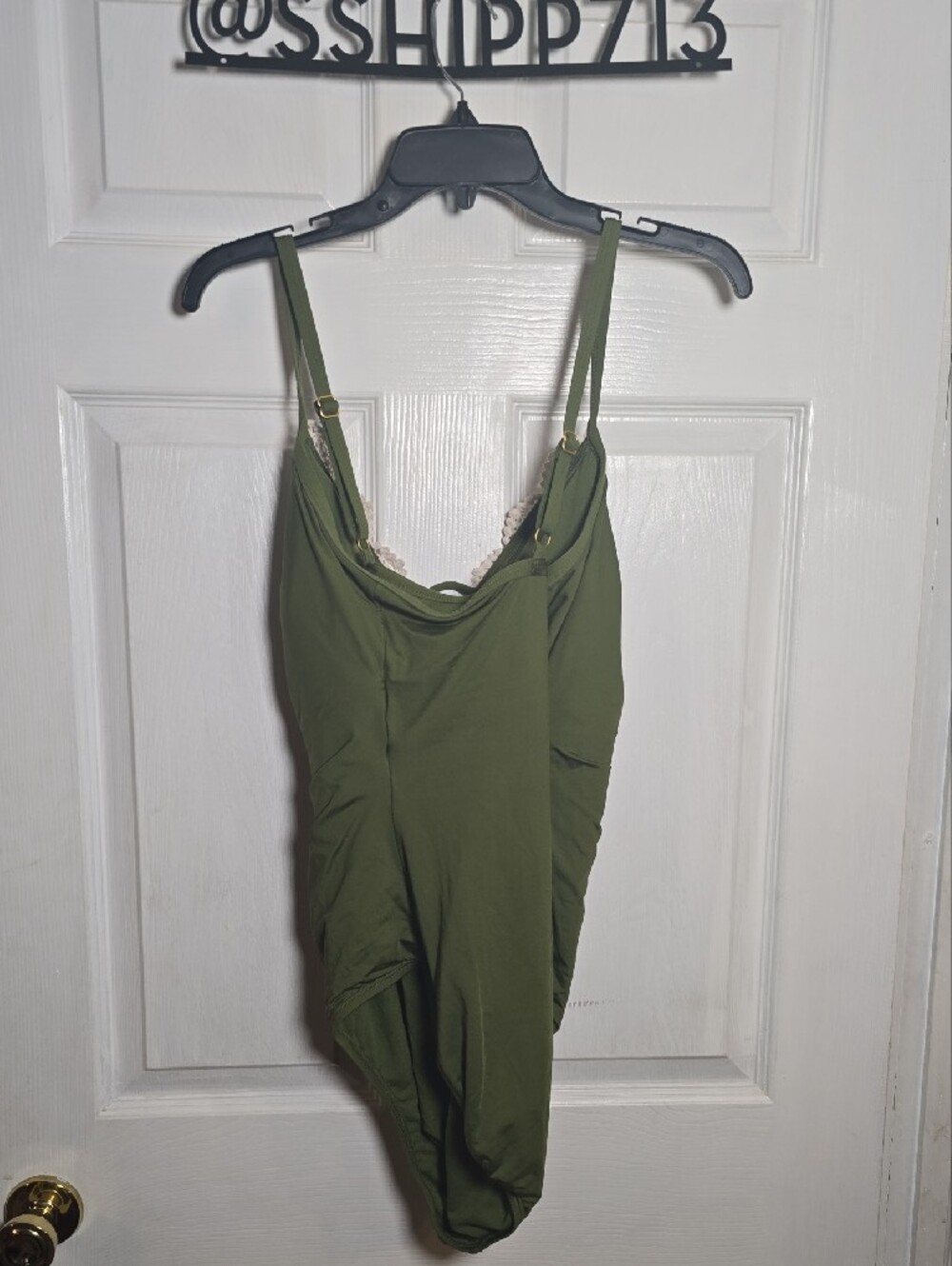Time And Tru Never Worn 1X Olive Green One-Piece Swimsuit with Cream Lace Trim - Picture 3 of 3